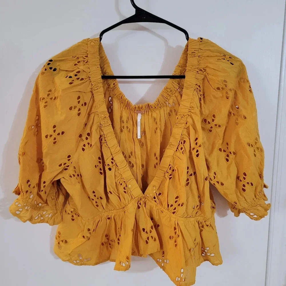 Free People Mustard Eyelet Peasant Blouse